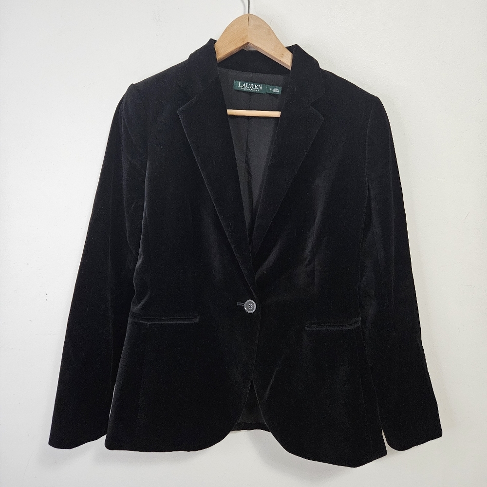 Ralph Lauren Single Breast Velvet Cotton Velour Blazer Jacket Women's Sz 6 Black